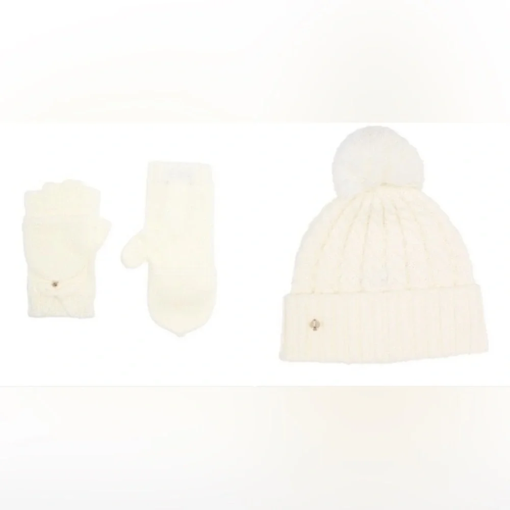 NEW! Kate Spade New York Cable knit Beanie and rib top pop mittens